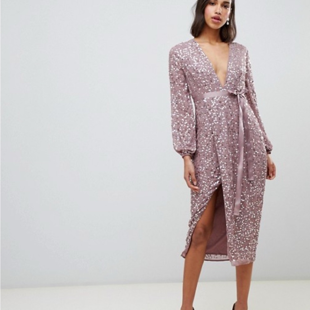 ASOS Purple Sequin Wrap Gown with Bishop Sleeves